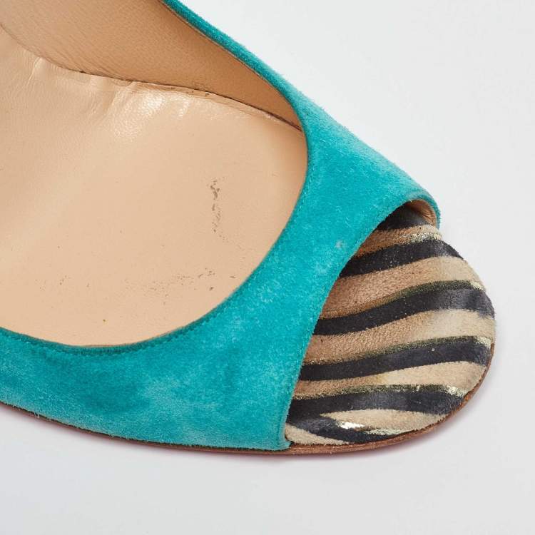 Pre Owned Christian Louboutin Multicolor Suede and Patent Leather Miramar Wedge Pumps Size 38.5