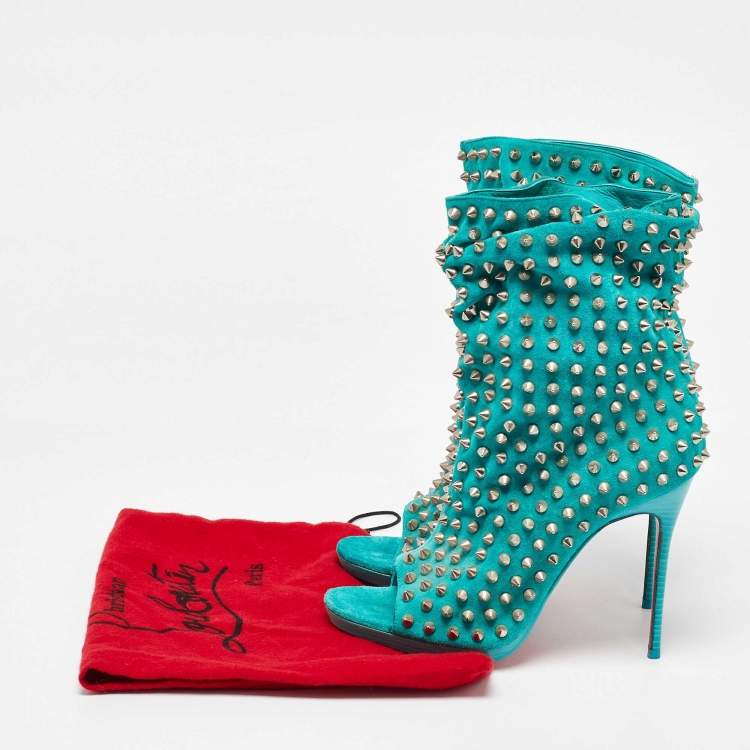 Pre Owned Christian Louboutin Aqua Blue Suede Guerilla Spiked Ankle Length Boots Size 36