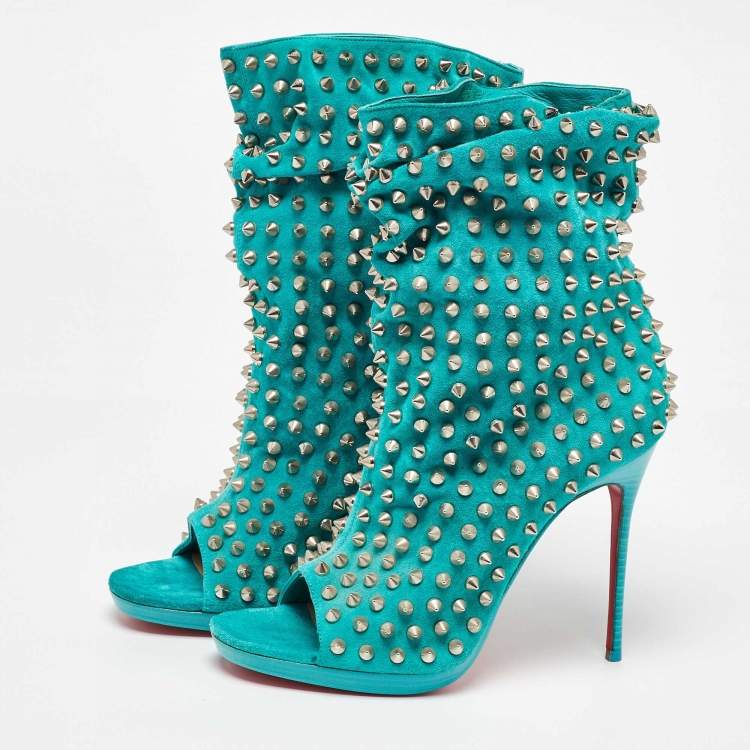 Pre Owned Christian Louboutin Aqua Blue Suede Guerilla Spiked Ankle Length Boots Size 36