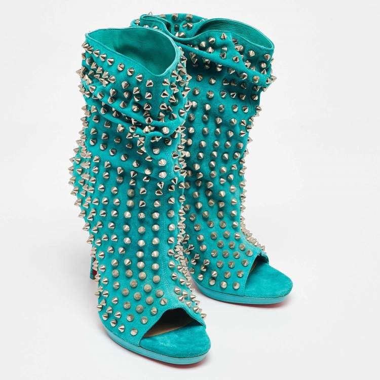 Pre Owned Christian Louboutin Aqua Blue Suede Guerilla Spiked Ankle Length Boots Size 36
