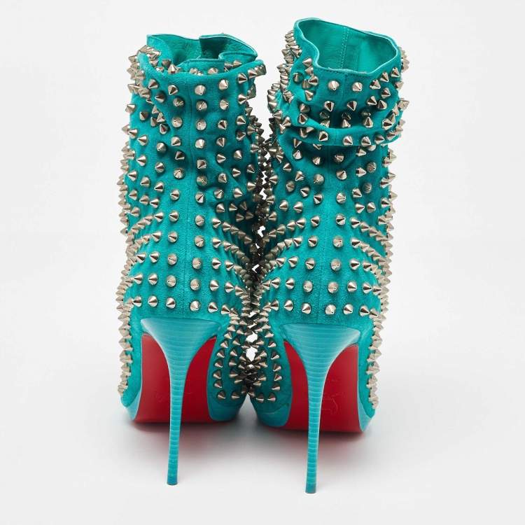 Pre Owned Christian Louboutin Aqua Blue Suede Guerilla Spiked Ankle Length Boots Size 36