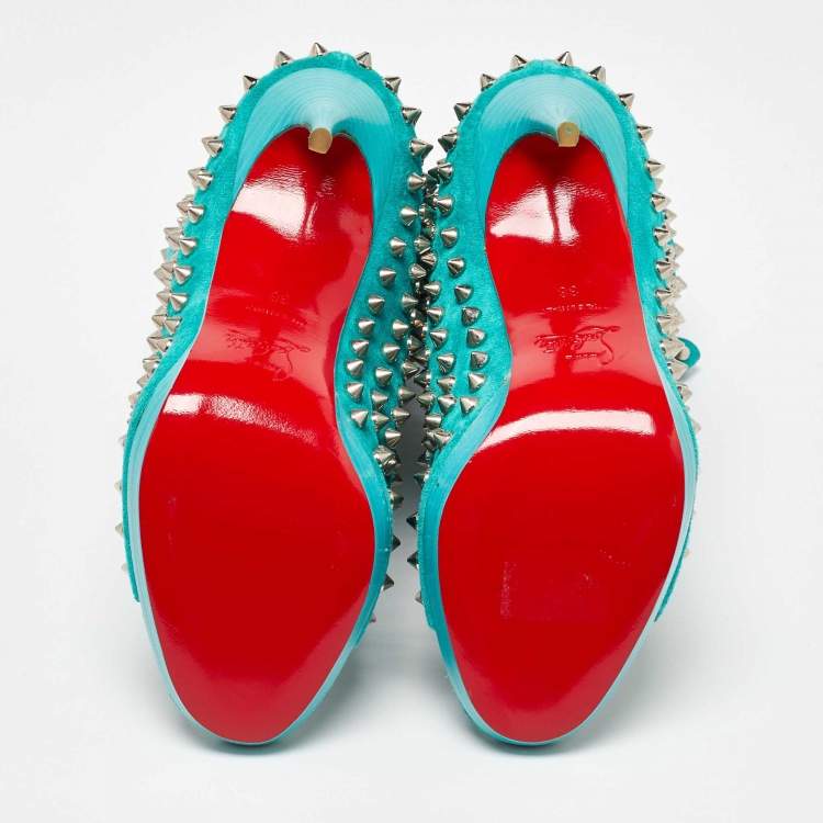 Pre Owned Christian Louboutin Aqua Blue Suede Guerilla Spiked Ankle Length Boots Size 36