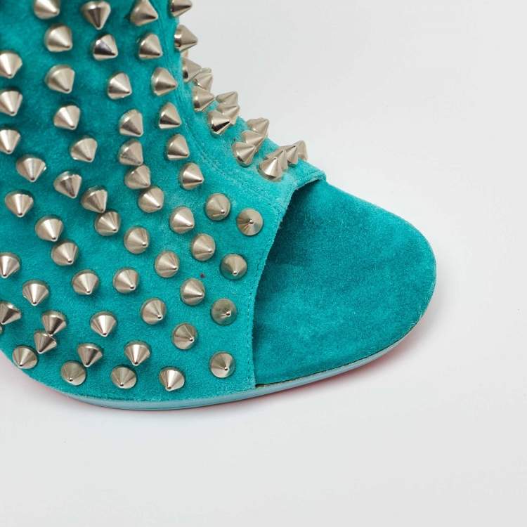 Pre Owned Christian Louboutin Aqua Blue Suede Guerilla Spiked Ankle Length Boots Size 36
