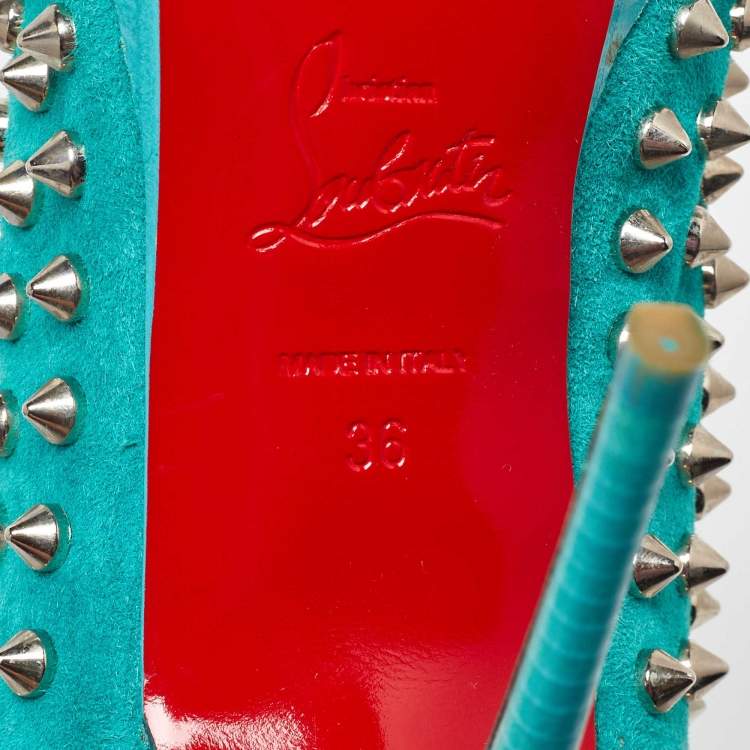 Pre Owned Christian Louboutin Aqua Blue Suede Guerilla Spiked Ankle Length Boots Size 36