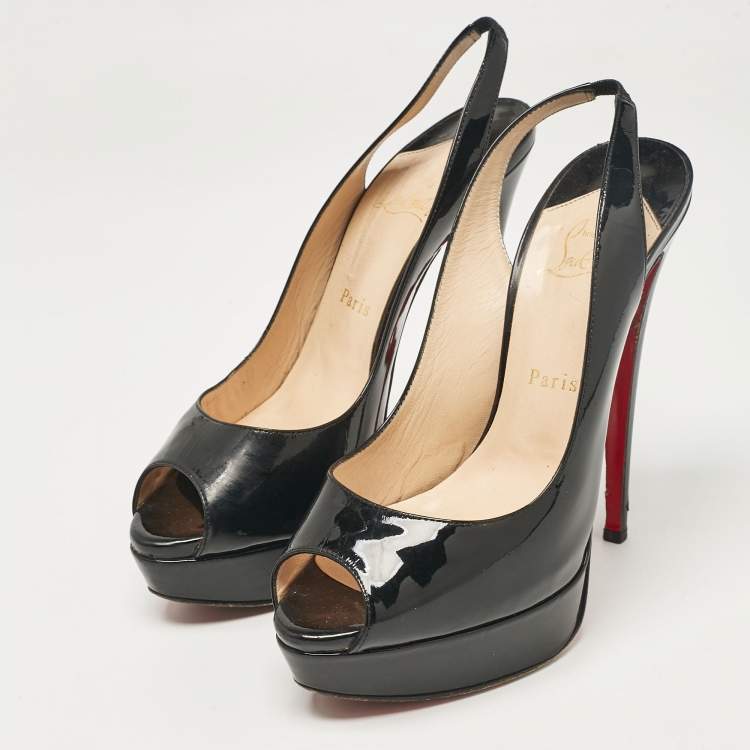 Pre Owned Christian Louboutin Black Patent Leather Lady Peep Slingback Pumps Size 39.5