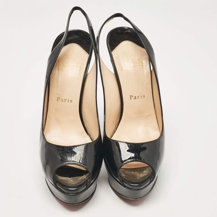 Pre Owned Christian Louboutin Black Patent Leather Lady Peep Slingback Pumps Size 39.5