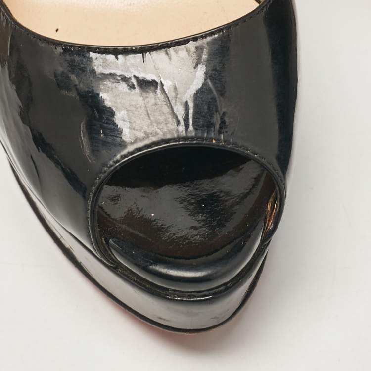 Pre Owned Christian Louboutin Black Patent Leather Lady Peep Slingback Pumps Size 39.5