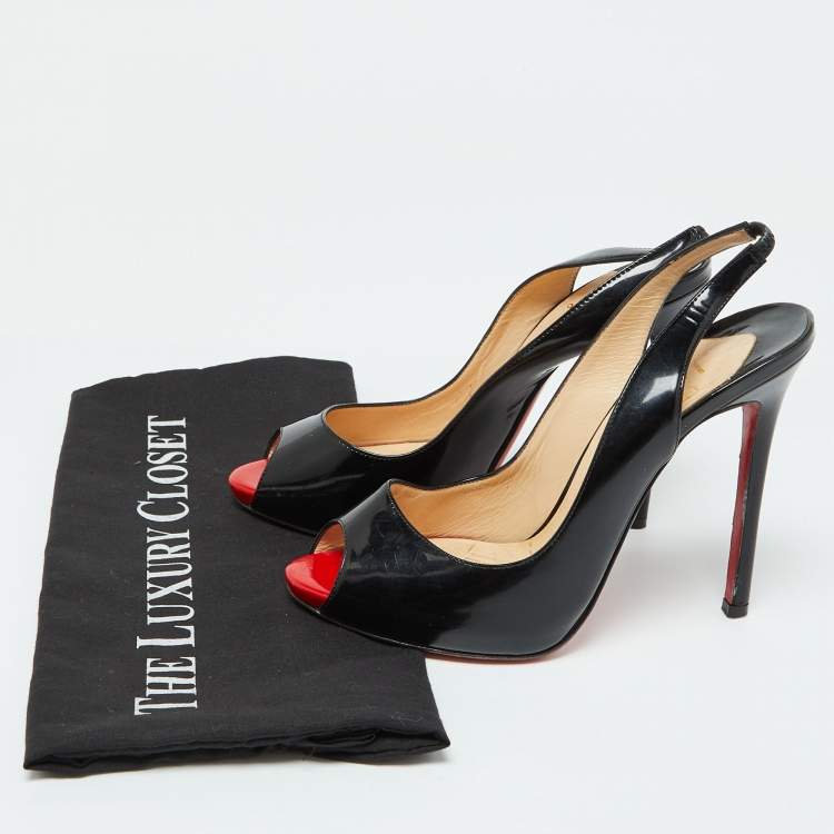 Pre Owned Christian Louboutin Black Patent Leather Private Number Slingback Sandals Size 37.5