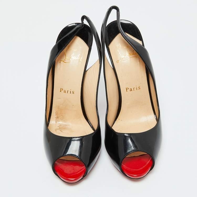 Pre Owned Christian Louboutin Black Patent Leather Private Number Slingback Sandals Size 37.5