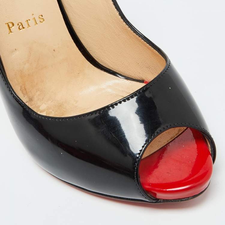 Pre Owned Christian Louboutin Black Patent Leather Private Number Slingback Sandals Size 37.5