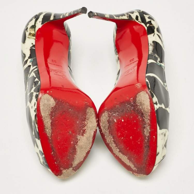 Pre Owned Christian Louboutin Black/Cream Printed Patent Leather New Very Prive Pumps Size 35