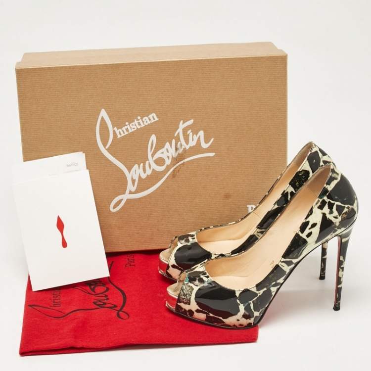 Pre Owned Christian Louboutin Black/Cream Printed Patent Leather New Very Prive Pumps Size 35