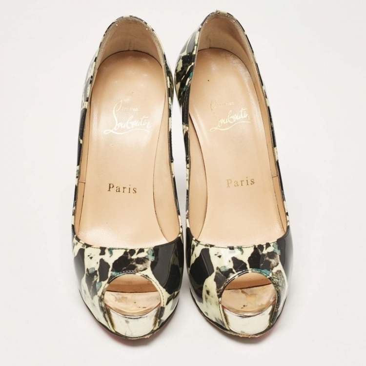 Pre Owned Christian Louboutin Black/Cream Printed Patent Leather New Very Prive Pumps Size 35
