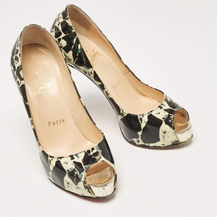 Pre Owned Christian Louboutin Black/Cream Printed Patent Leather New Very Prive Pumps Size 35