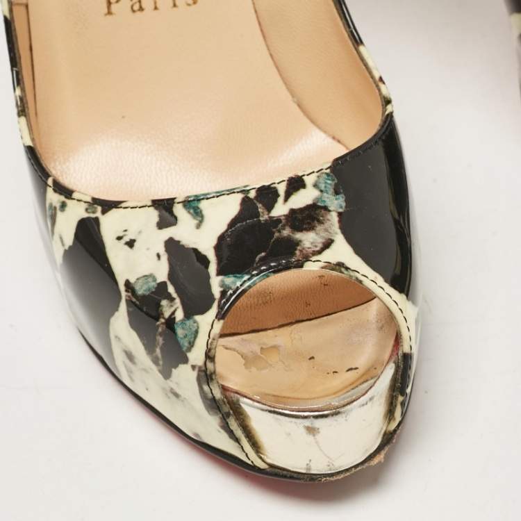 Pre Owned Christian Louboutin Black/Cream Printed Patent Leather New Very Prive Pumps Size 35
