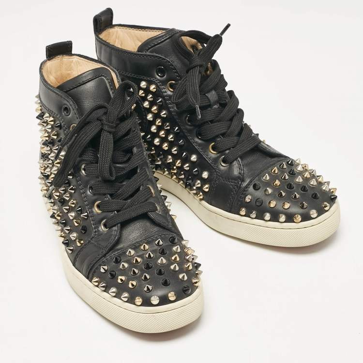 Pre Owned Christian Louboutin Black Leather Louis Spikes High Top Sneakers Size 38