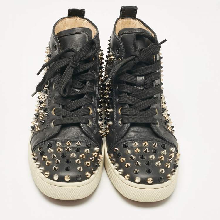 Pre Owned Christian Louboutin Black Leather Louis Spikes High Top Sneakers Size 38