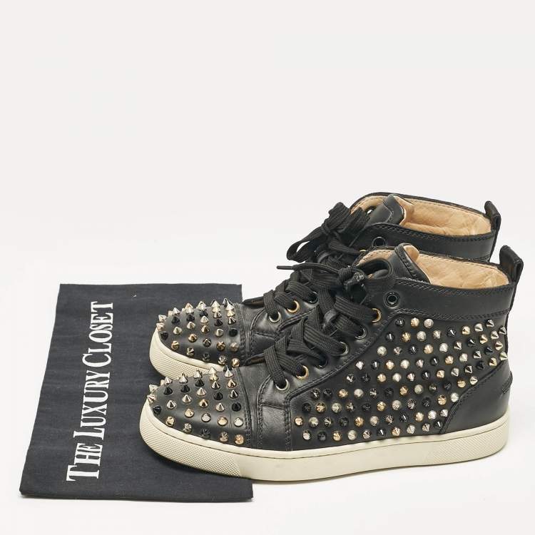 Pre Owned Christian Louboutin Black Leather Louis Spikes High Top Sneakers Size 38