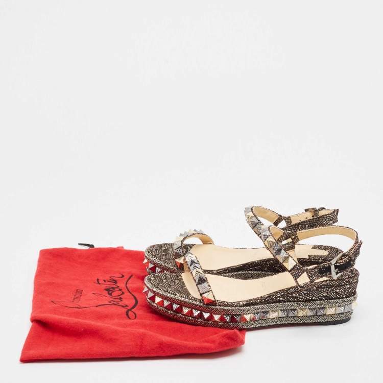Pre Owned Christian Louboutin Black/Gold Glitter Fabric Pyraclou Platform Sandals Size 38