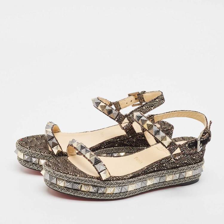 Pre Owned Christian Louboutin Black/Gold Glitter Fabric Pyraclou Platform Sandals Size 38
