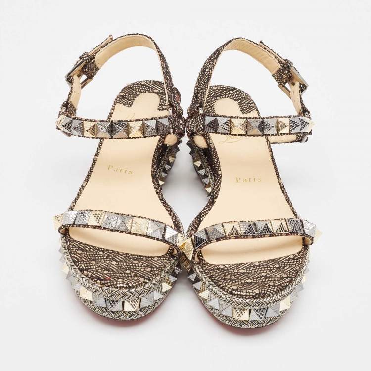 Pre Owned Christian Louboutin Black/Gold Glitter Fabric Pyraclou Platform Sandals Size 38