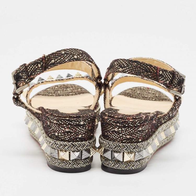Pre Owned Christian Louboutin Black/Gold Glitter Fabric Pyraclou Platform Sandals Size 38