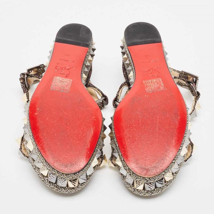 Pre Owned Christian Louboutin Black/Gold Glitter Fabric Pyraclou Platform Sandals Size 38
