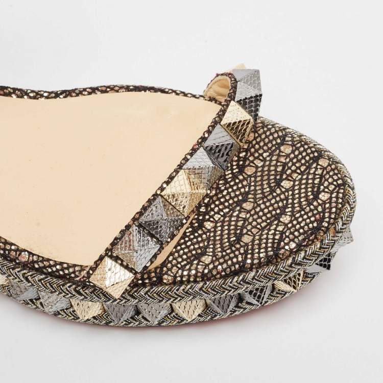 Pre Owned Christian Louboutin Black/Gold Glitter Fabric Pyraclou Platform Sandals Size 38