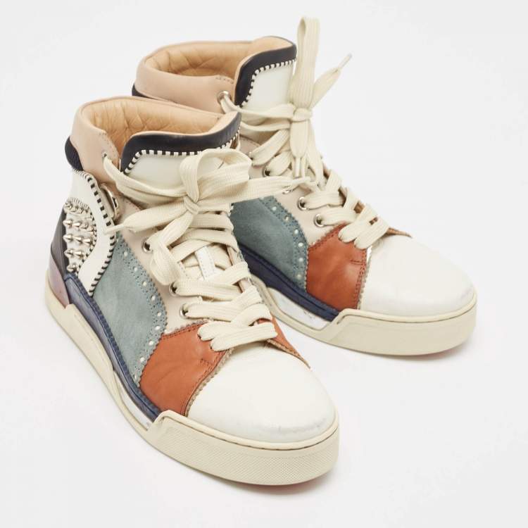 Pre Owned Christian Louboutin Multicolor Leather and Suede Loubikick Spikes Sneakers Size 39