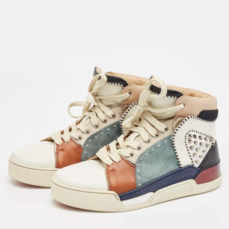 Pre Owned Christian Louboutin Multicolor Leather and Suede Loubikick Spikes Sneakers Size 39