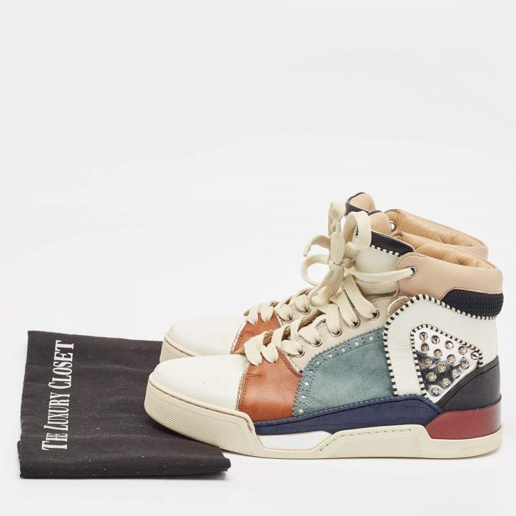 Pre Owned Christian Louboutin Multicolor Leather and Suede Loubikick Spikes Sneakers Size 39