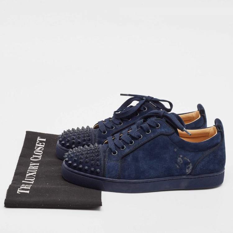 Pre Owned Christian Louboutin Navy Blue Suede Louis Junior Spikes Low Top Sneakers Size 39.5