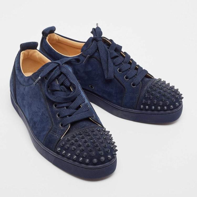 Pre Owned Christian Louboutin Navy Blue Suede Louis Junior Spikes Low Top Sneakers Size 39.5