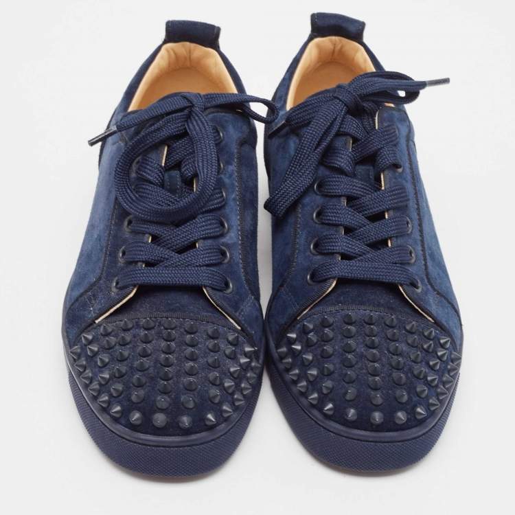Pre Owned Christian Louboutin Navy Blue Suede Louis Junior Spikes Low Top Sneakers Size 39.5