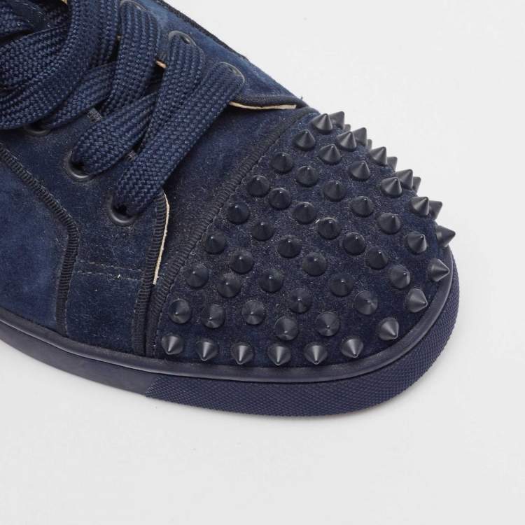 Pre Owned Christian Louboutin Navy Blue Suede Louis Junior Spikes Low Top Sneakers Size 39.5