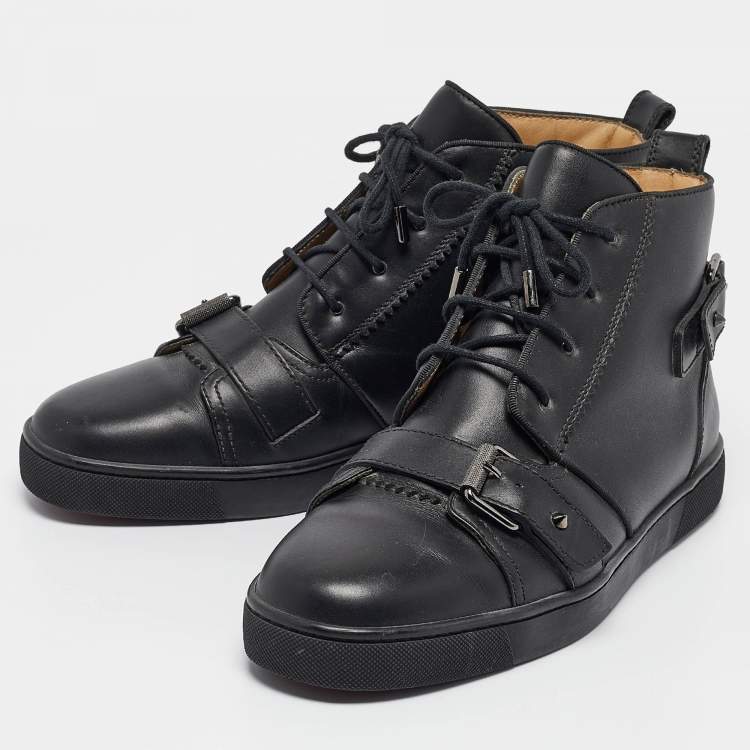 Pre Owned Christian Louboutin Black Leather Monono High Top Sneakers Size 40.5
