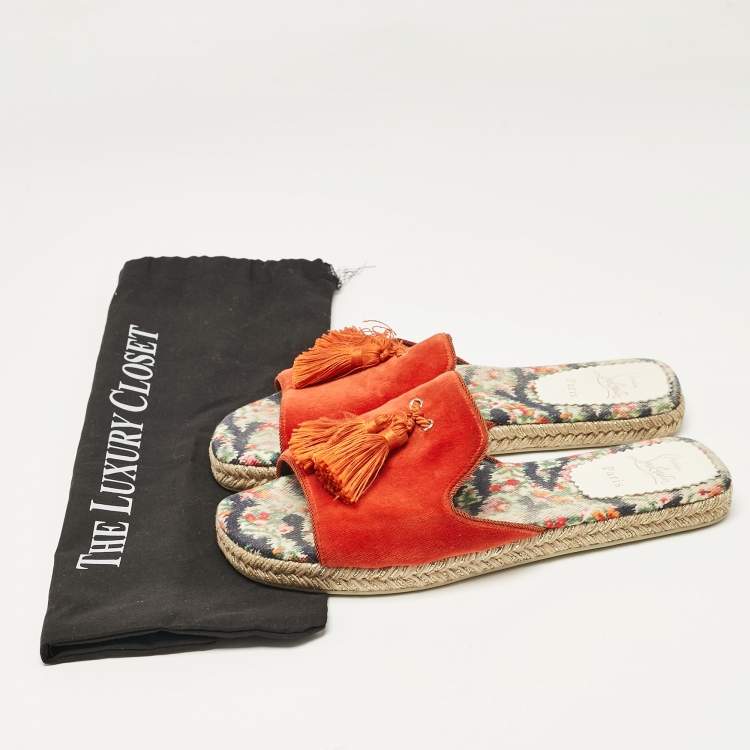 Pre Owned Christian Louboutin Orange Velvet Espadrille Flat Slides Size 39