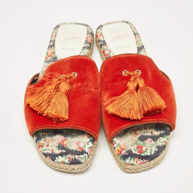 Pre Owned Christian Louboutin Orange Velvet Espadrille Flat Slides Size 39