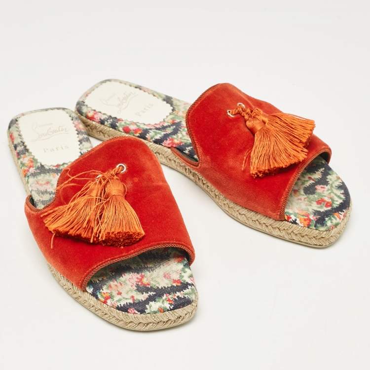 Pre Owned Christian Louboutin Orange Velvet Espadrille Flat Slides Size 39