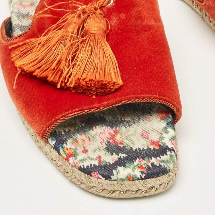 Pre Owned Christian Louboutin Orange Velvet Espadrille Flat Slides Size 39