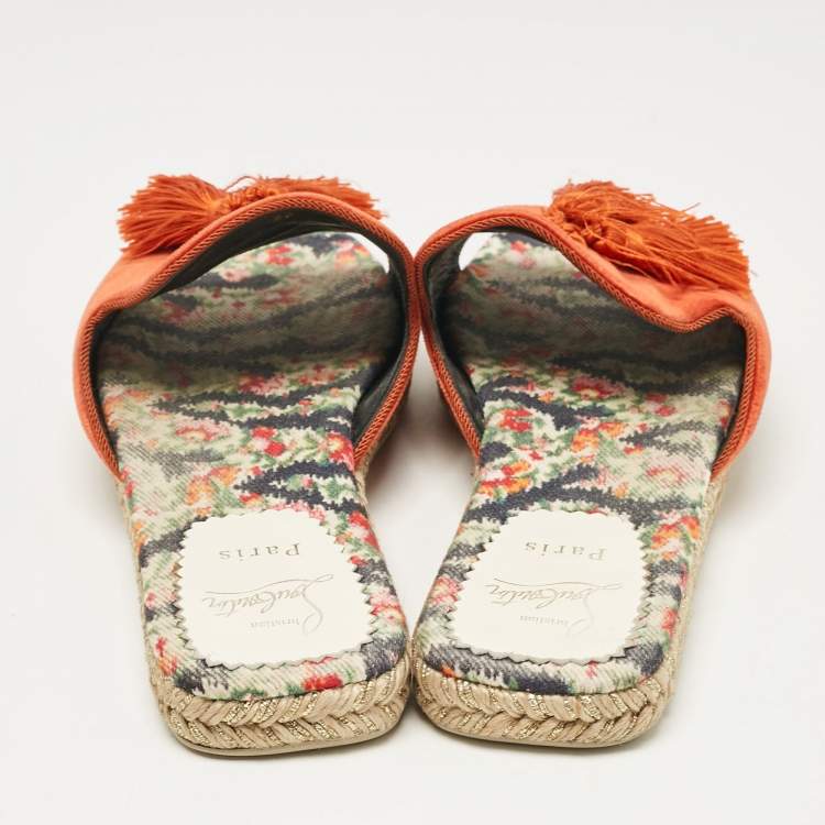 Pre Owned Christian Louboutin Orange Velvet Espadrille Flat Slides Size 39