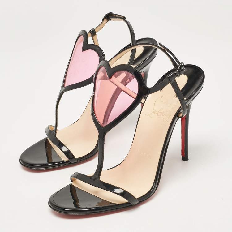 Christian Louboutin Black Patent Leather and PVC Cora Heart Ankle Strap Sandals Size 36 Christian Louboutin TLC