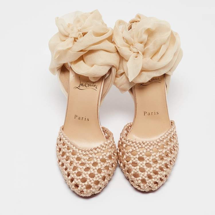 Pre Owned Christian Louboutin Beige Woven Satin and Fabric Ankle Tie Pumps Size 35.5