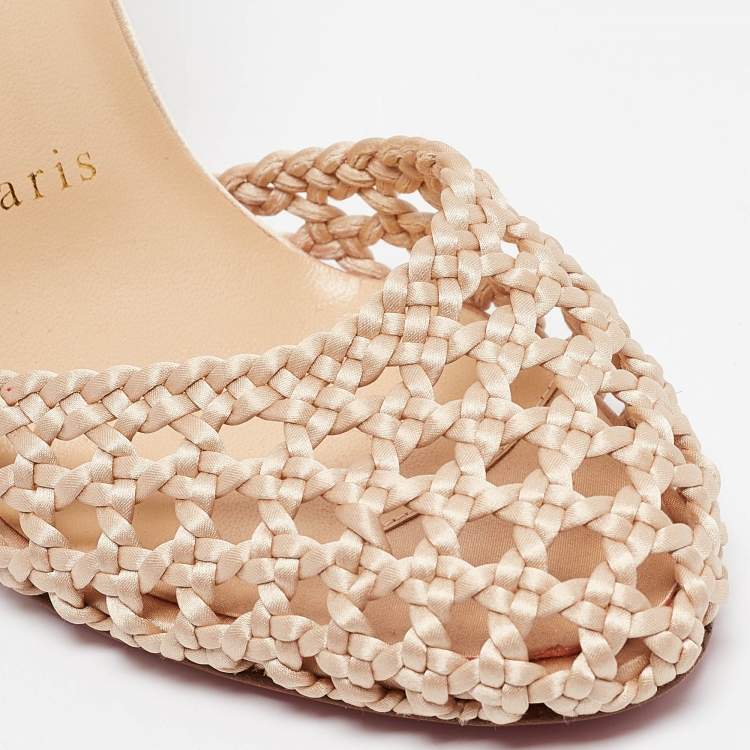Pre Owned Christian Louboutin Beige Woven Satin and Fabric Ankle Tie Pumps Size 35.5