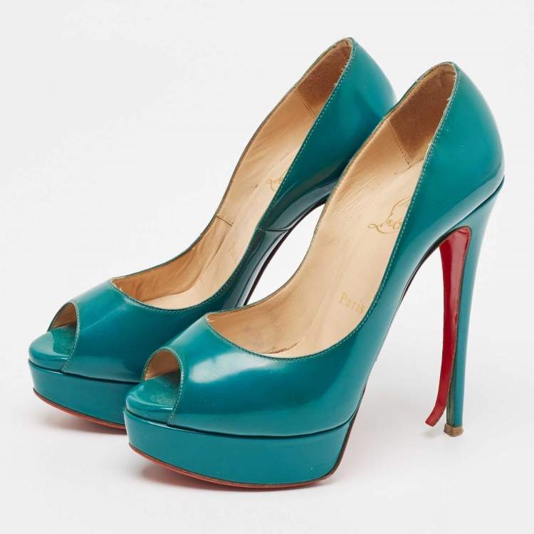 Pre Owned Christian Louboutin Green Patent Leather Lady Peep Pumps Size 37 