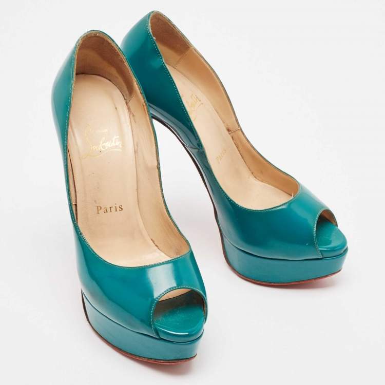 Pre Owned Christian Louboutin Green Patent Leather Lady Peep Pumps Size 37 