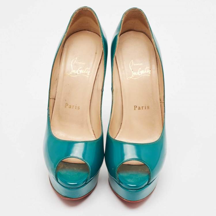 Pre Owned Christian Louboutin Green Patent Leather Lady Peep Pumps Size 37 