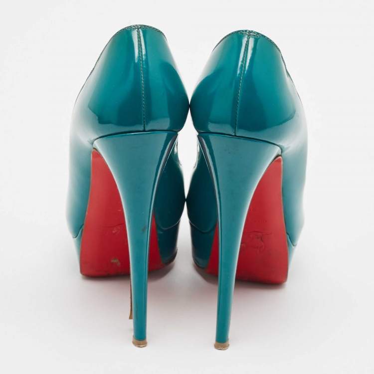 Pre Owned Christian Louboutin Green Patent Leather Lady Peep Pumps Size 37 
