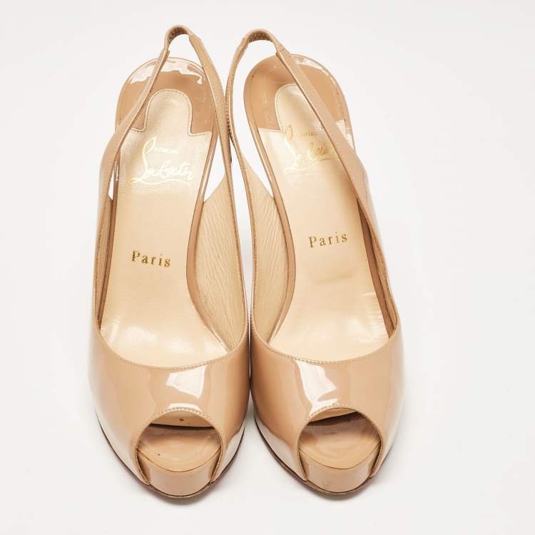 Pre Owned Christian Louboutin Beige Patent Leather Private Number Slingback Pumps Size 39