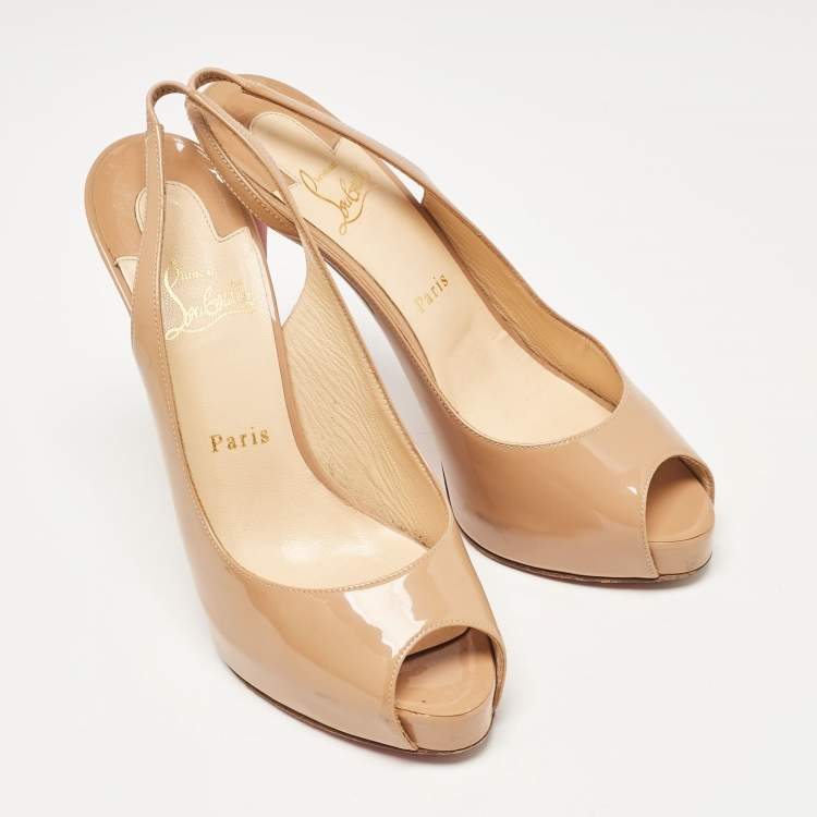 Pre Owned Christian Louboutin Beige Patent Leather Private Number Slingback Pumps Size 39